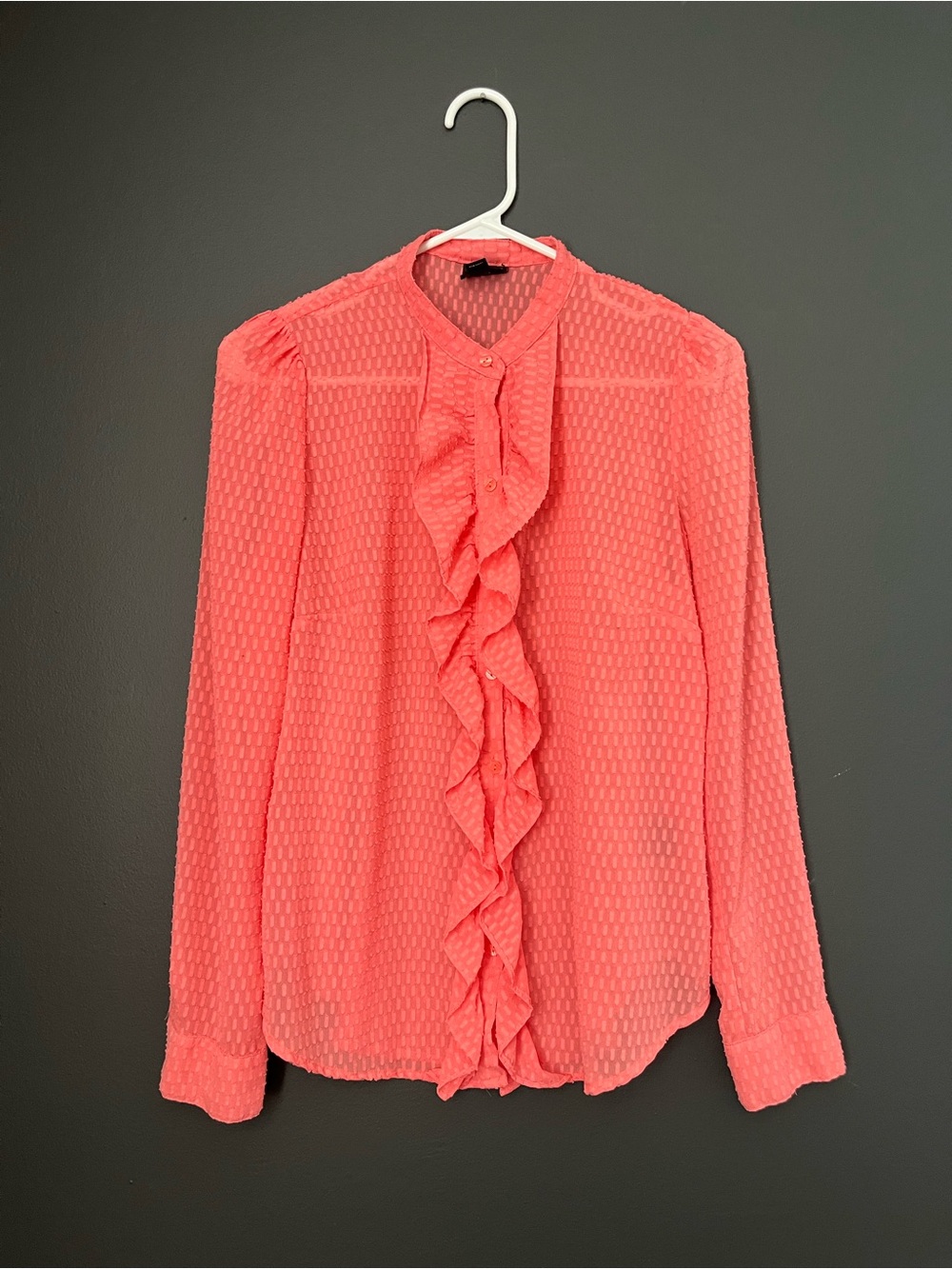 Worthington Womens Coquette Twee Coral Ruffle Front  Sheer Textured Blouse